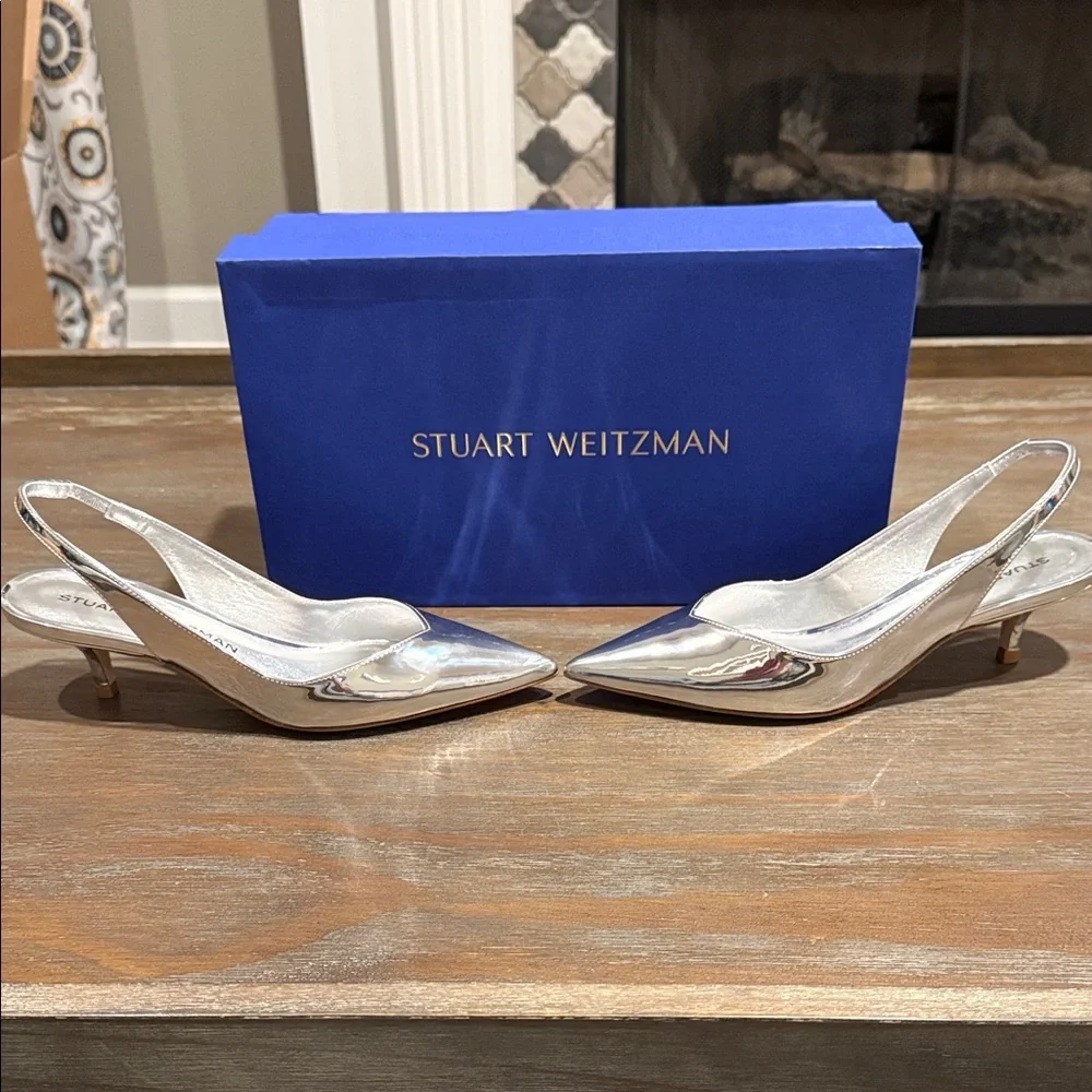 Stuart Weitzman Eva 50 Slingback Pumps 5.5 NIB Silver Metallic Luxury Heels $475